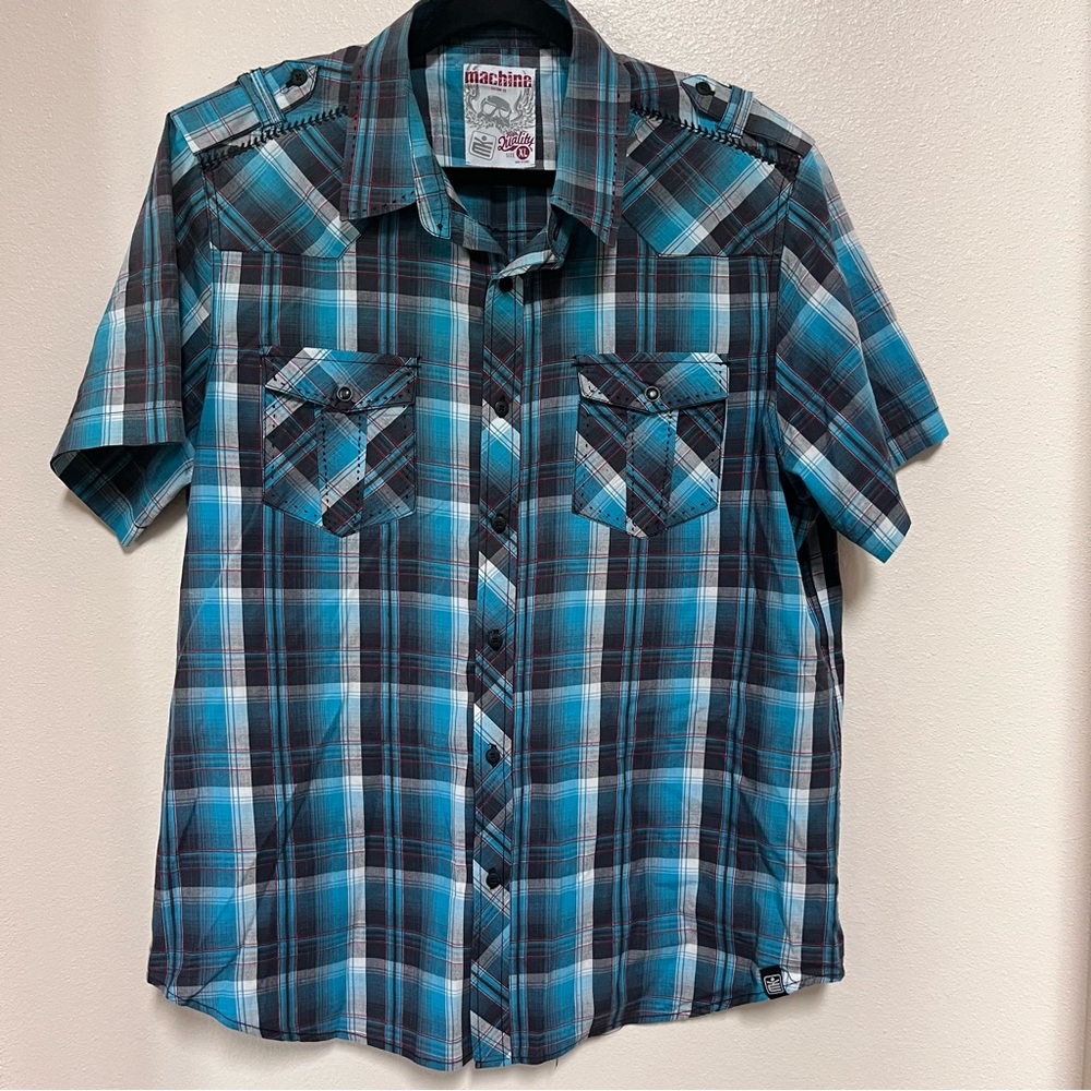 Machine Custom Co Shirt Mens XLarge Short Sleeve Blue & Black Plaid